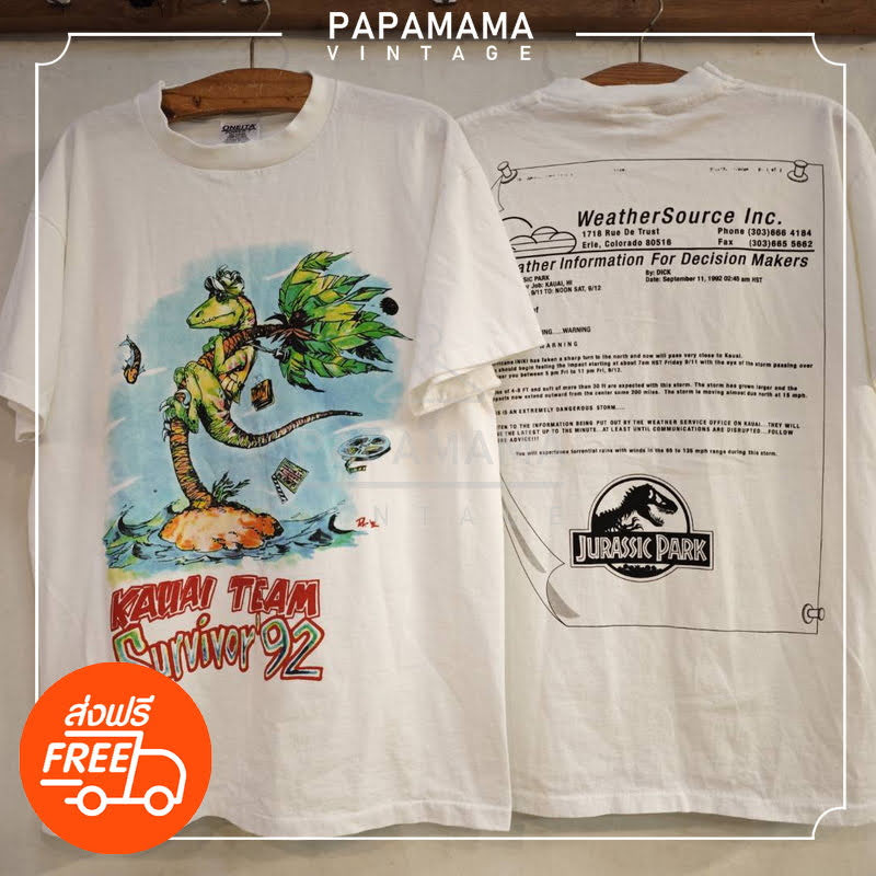 [ JURASSIC PARK ] KAUAI TEAM Surrivor'92 legendary Movie tag USA เสื้อวินเทจ เสื้อหนังตำนาน papamama