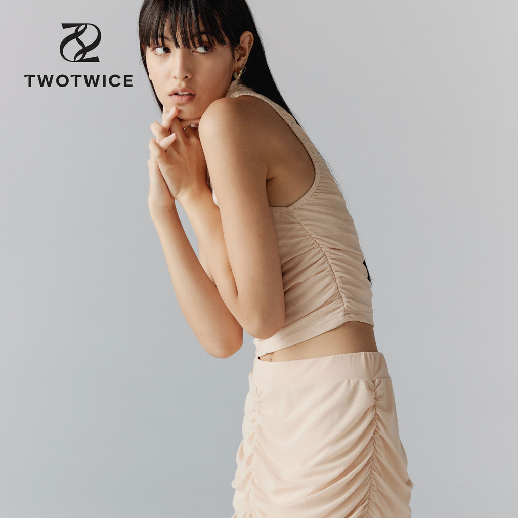 Twotwice - Tight Mesh Skort- กระโปรงตาข่ายยืดเข้ารูปใช้เทคนิครูดจับ draping