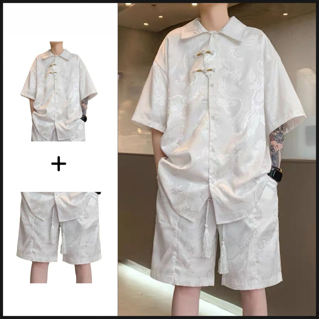 🔥เสื้อฮาวาย หาดทราย ชุด jacquard ลายมังกรสำหรับผู้ชายเสื้อเชิ้ตแขนสั้นและกางเกงขาสั้นผ้าไหมน้ำแข็งสอ