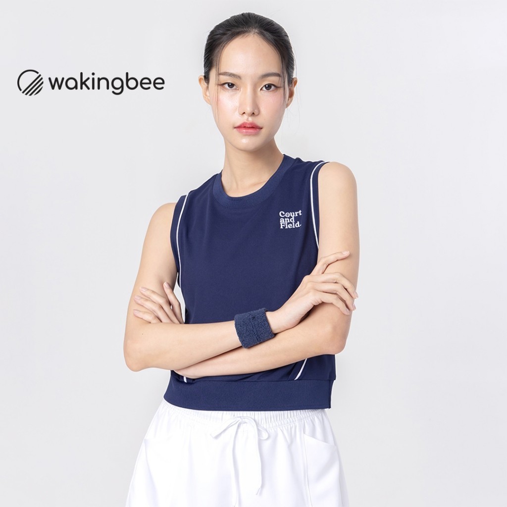 Wakingbee Fore Vest (Navy) เสื้อคร้อป แขนกุด ขอบจัมพ์ กุ๊นขอบและปัก สไตล์วินเทจ ใส่คลุมออกกำลังกาย ผ้ากันยูวี แห้งไว
