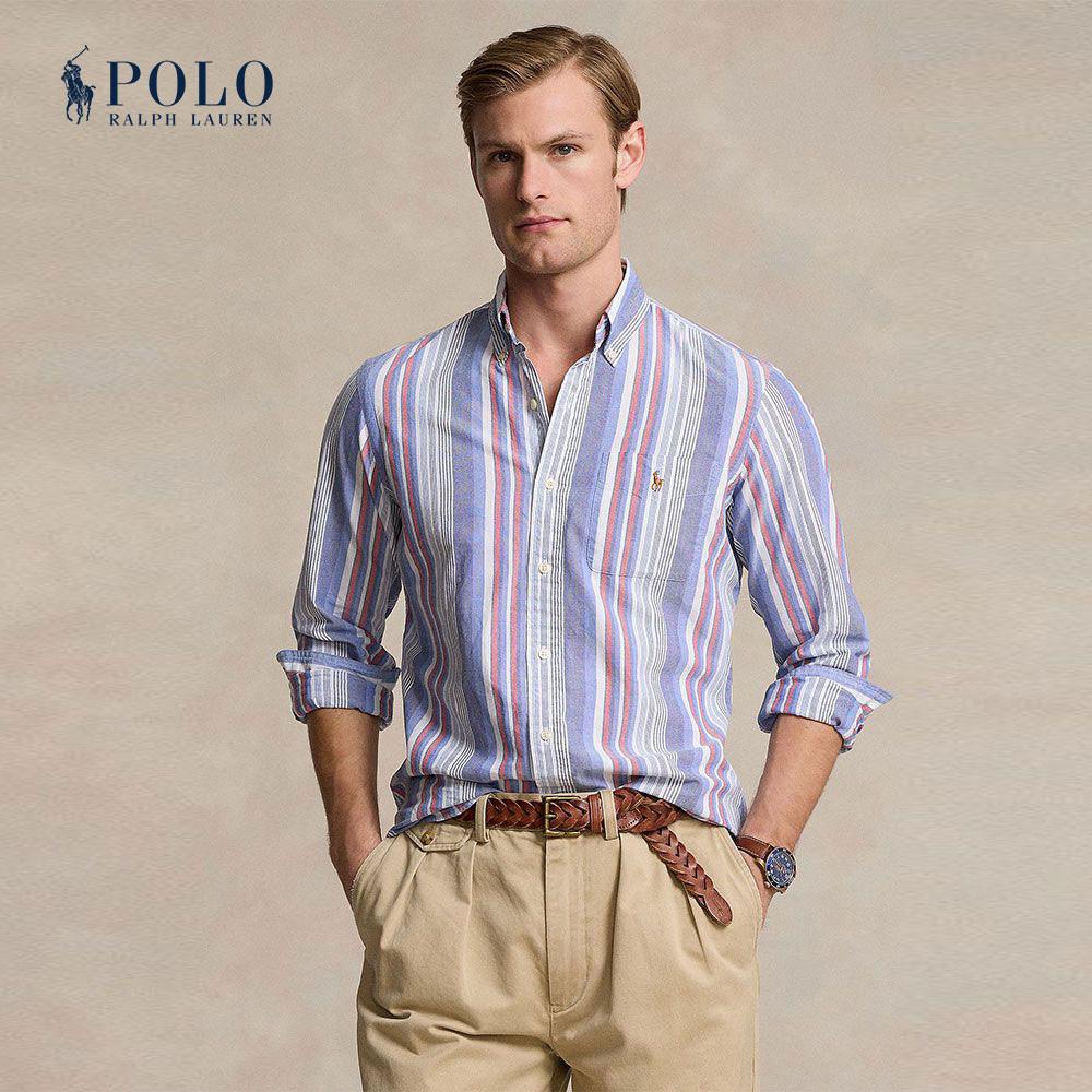 Polo Ralph Lauren เสื้อเชิ้ตผู้ชาย Custom Fit Striped Oxford Shirt รุ่น MNPOWOV16823677 สีฟ้า
