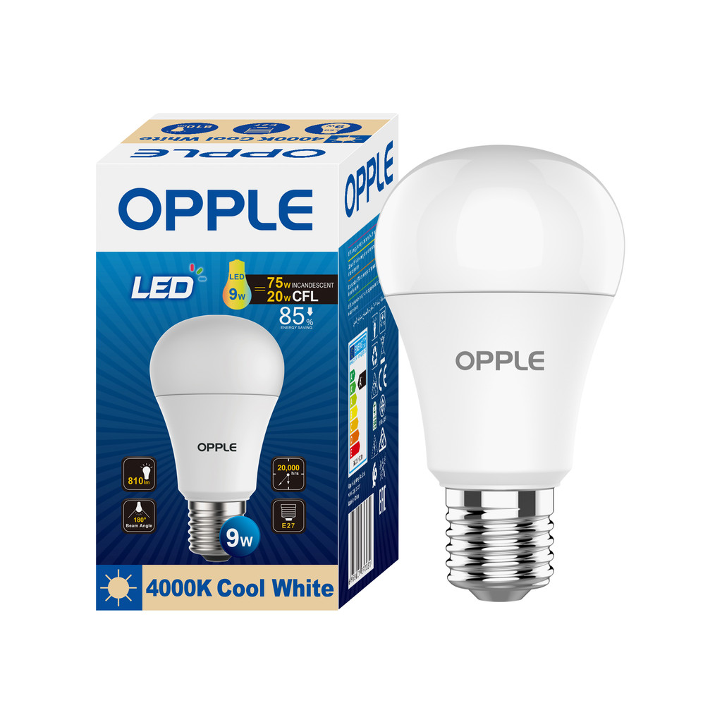 OPPLE หลอดไฟ LED E27 9W Cool White รุ่น E1A60-E27-9W-CWCTV7