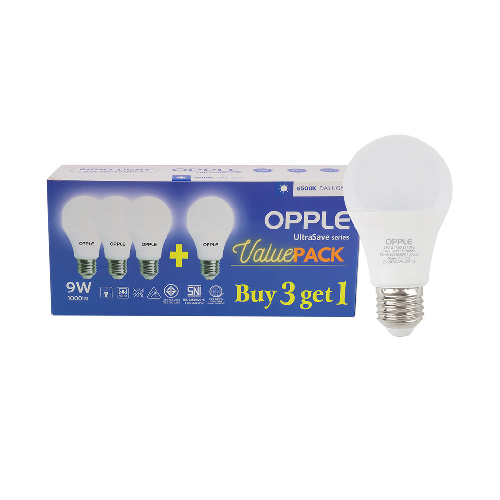 หลอดไฟ LED E27 9W Daylight OPPLE รุ่น LED U1 A60 E27 9W P4 (แพ็ก 4 ชิ้น)