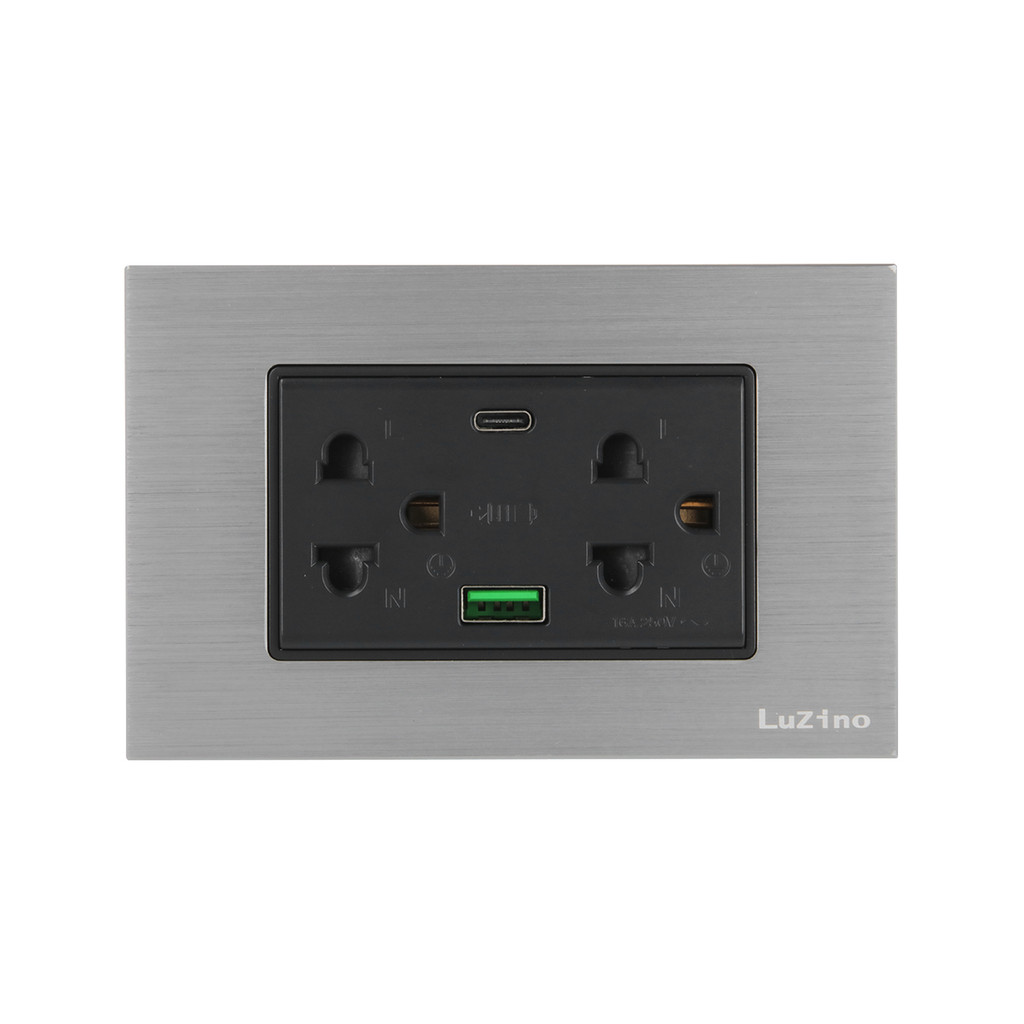 LUZINO ชุดเต้ารับคู่มีกราวด์+ม่านนิรภัย+USB Type A,C รุ่น MLS79-E3USBCA-AL สีเงิน