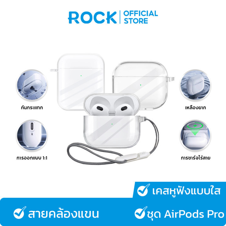 ROCK เคส AirPods Pro3/2/1 I AirPods 4/4ANC/3/2/1 Case I เคสหูฟังแบบใส I พร้อมสายคล้อง I วัสดุผลิตภัณฑ์ TPU