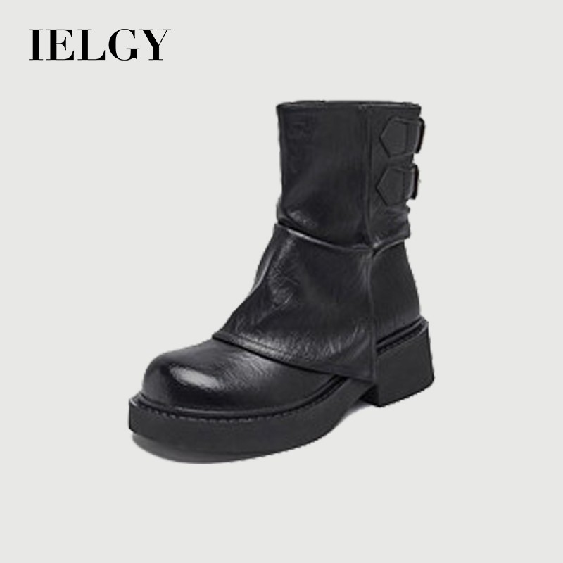 IELGY IELGY รอบ นิ้วเท้า สีทึบรองเท้าผู้หญิง 2025 แพลตฟอร์มอัศวินอังกฤษ มาร์ติน บูต หนัง