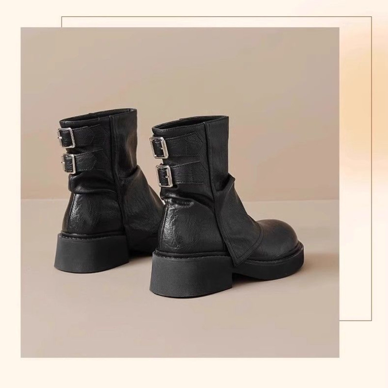 IELGY IELGY รอบ นิ้วเท้า สีทึบรองเท้าผู้หญิง 2025 แพลตฟอร์มอัศวินอังกฤษ มาร์ติน บูต หนัง - รูปที่ 6