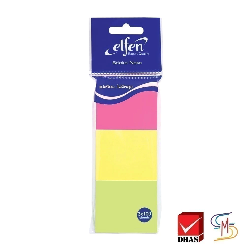 Elfen เอลเฟ่น กระดาษโน้ต กาวในตัว 3 สี 1.5 x 2 นิ้ว 100 แผ่น (3 เล่ม/แพ็ค)