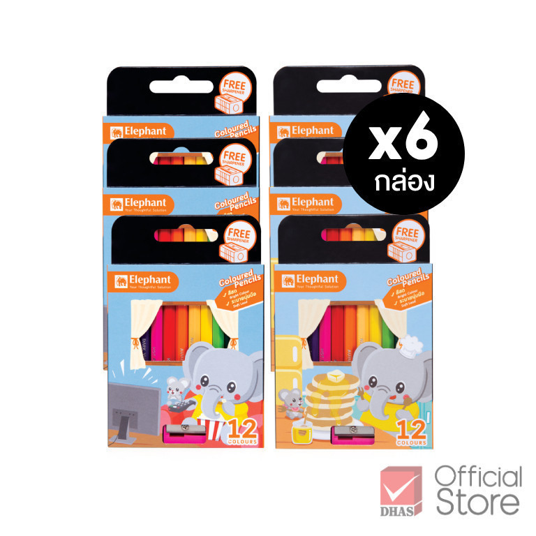 [ยกแพ็ค 6 กล่อง] Elephant สีไม้ ดินสอสีไม้ แท่งสั้น 12 สี จำนวน 6 กล่อง