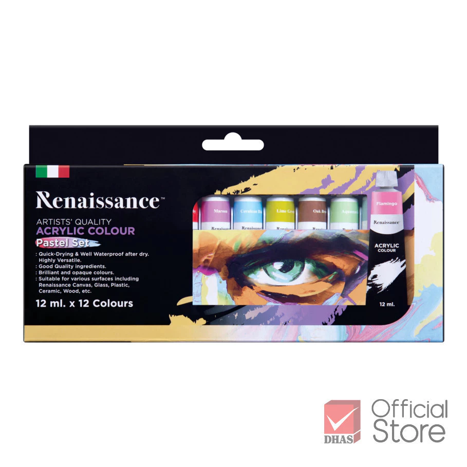 Renaissance สีอะคริลิค ชุดสีอะคริลิค 12 สี 12 มล. สีพาสเทล จำนวน 1 กล่อง