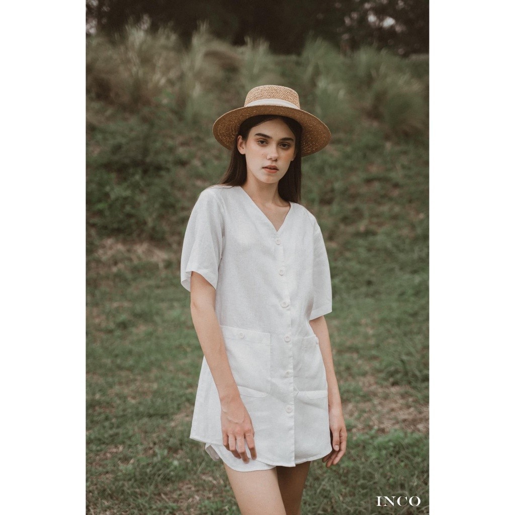 INCO WOMEN เดรสคอวี แขน5 ส่วน ผ่าสาบหน้า ผ้าลินิน