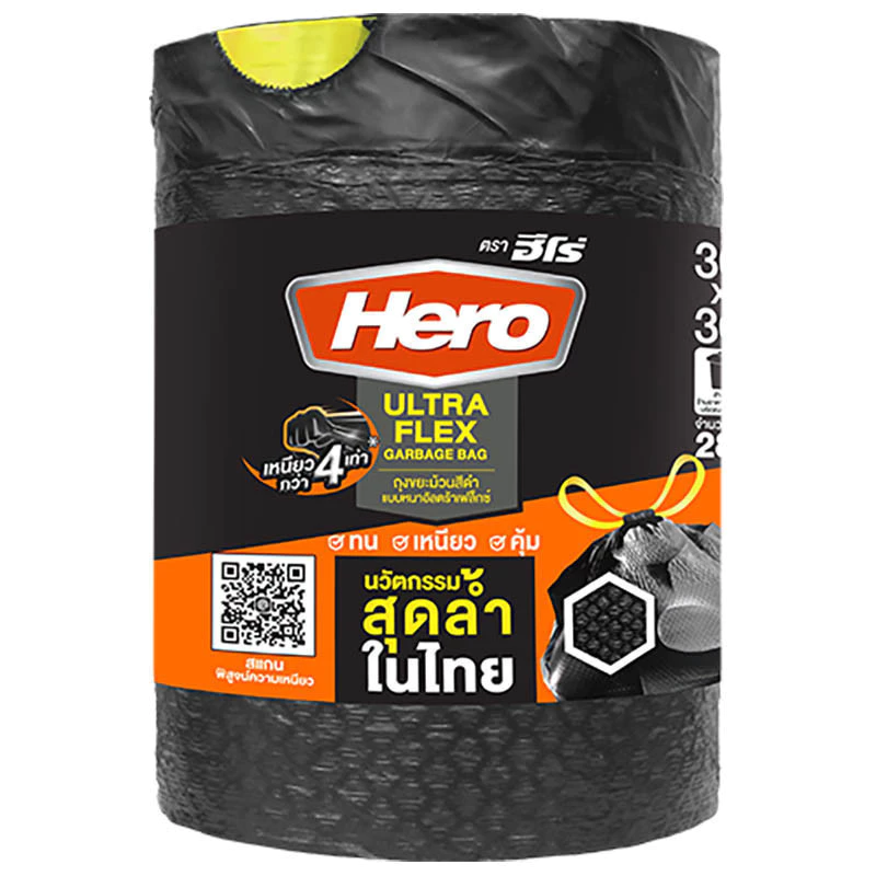 HERO ฮีโร่ถุงขยะม้วนหูรูดอัลตร้าเฟล็กซ์สีดำขนาด 30X34นิ้ว แพค 28ชิ้น [8858773997117]