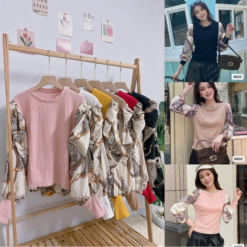 เสื้อยืดแขนพอง แต่งแขนลายโซ่ อกใหญ่ สาวอวบใส่ได้อก 42