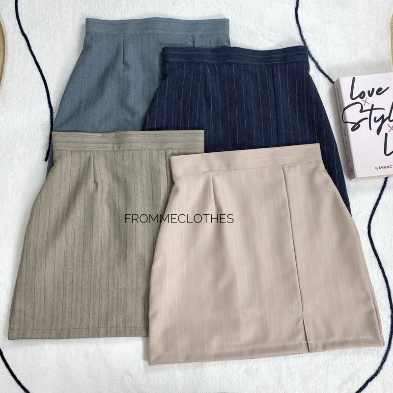 🌸กระโปรงทรงเอผ่าหน้าลายริ้ว(XS-5XL)