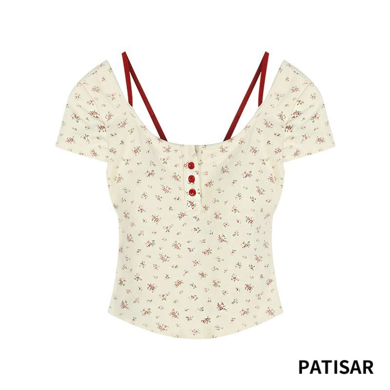 เสื้อครอปแขนสั้น มีฟองน้ำ สีพื้น/ลายดอกไม้ ปรับสายได้ ผ้ายืดใส่สบาย PR - รูปที่ 6