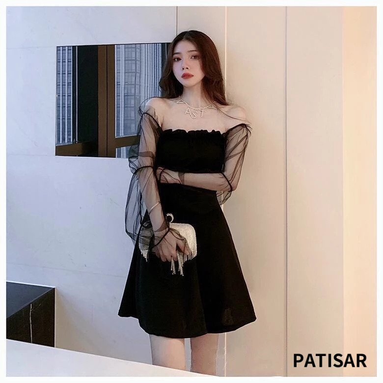 ชุดเดรสดำ รัดรูป เหนือเซ่า ปาดไหล่แขนยาวสายเดี่ยว เซ็กซี่ หุ่นดี ใส่แล้วดูผอม คนอ้วนใส่ได้ สำหรับผู้หญิง PR - รูปที่ 5