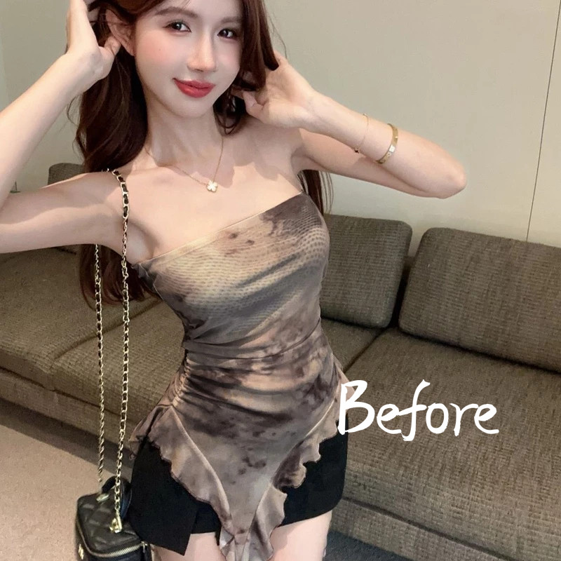 สไตล์อเมริกันผ้ากอซมัดย้อมยอดนิยมฤดูร้อนสาวร้อนปิดไหล่หลอดด้านบนผิดปกติด้านบน BF