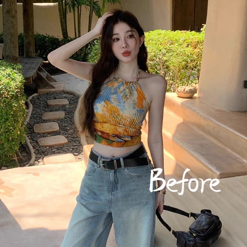 ฤดูร้อนเซ็กซี่ Slim FITTING TOP ภาพวาดสีน้ำมันพิมพ์แขวนคอเสื้อกั๊กผู้หญิงสั้นไม่สม่ำเสมอ BF