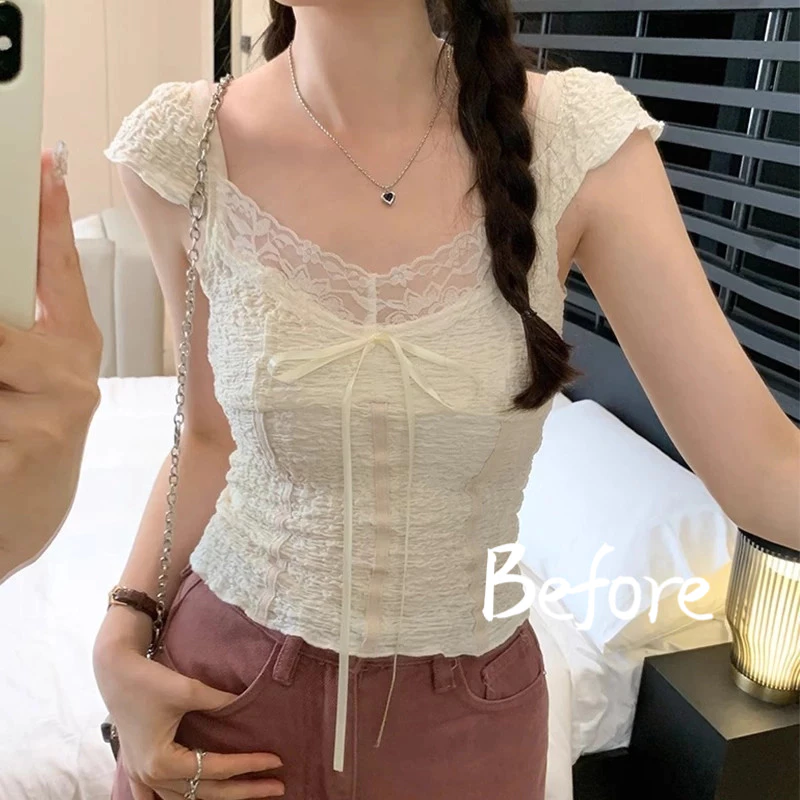 เสื้อยืดโบว์ลูกไม้สไตล์ฝรั่งเศสผู้หญิง Niche คอวีแขนสั้นเสื้อยืดสลิมฟิตสั้นด้านบน BF