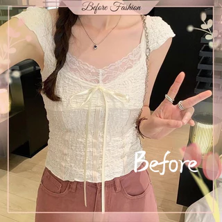 เสื้อยืดโบว์ลูกไม้สไตล์ฝรั่งเศสผู้หญิง Niche คอวีแขนสั้นเสื้อยืดสลิมฟิตสั้นด้านบน BF
