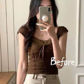 เสื้อยืดโบว์ลูกไม้สไตล์ฝรั่งเศสผู้หญิง Niche คอวีแขนสั้นเสื้อยืดสลิมฟิตสั้นด้านบน BF