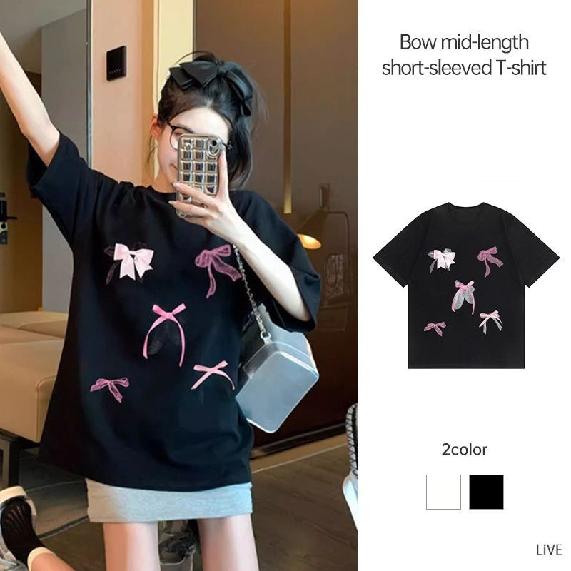 เสื้อยืดแขนสั้นสีขาวโบว์ผู้หญิงฤดูร้อน Ins Sweet Top เสื้อยืดอเนกประสงค์หลวม LIVE