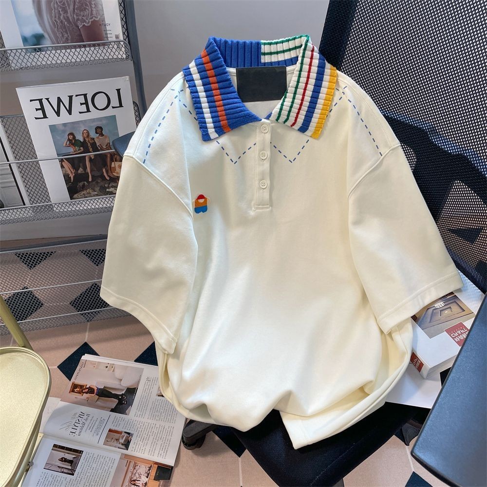 TLHGQ  เสื้อโปโลแขนสั้นฤดูร้อนผู้ชายสไตล์ฮ่องกง อิน สไตล์ถักหลวมด้านบน