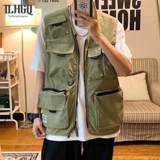 TLHGQ เสื้อกั๊กแขนกุด ทรงหลวม แต่งกระเป๋าหลายช่อง สไตล์เกาหล…