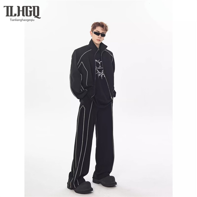 TLHGQ เสื้อแจ็กเก็ต เสื้อคาร์ดิแกน ขากว้าง ทรงหลวม ลําลอง ไฮเอนด์ มีสไตล์ สองชิ้น สําหรับผู้ชาย