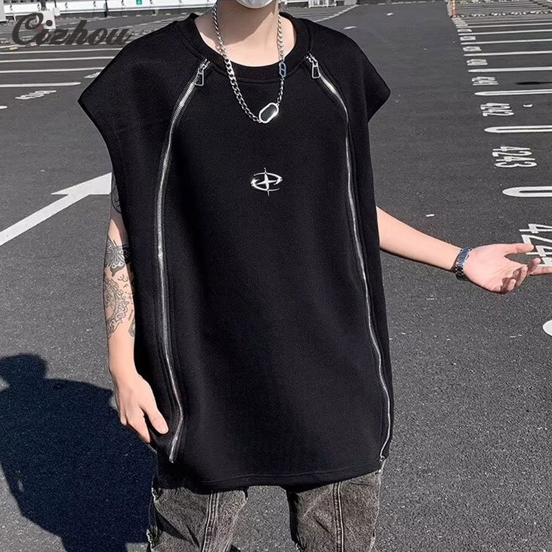 เสื้อยืดแขนกุด แต่งซิป เหมาะกับฤดูร้อน สไตล์ฮิปฮอป แฟชั่นอเมริกัน สําหรับผู้ชาย