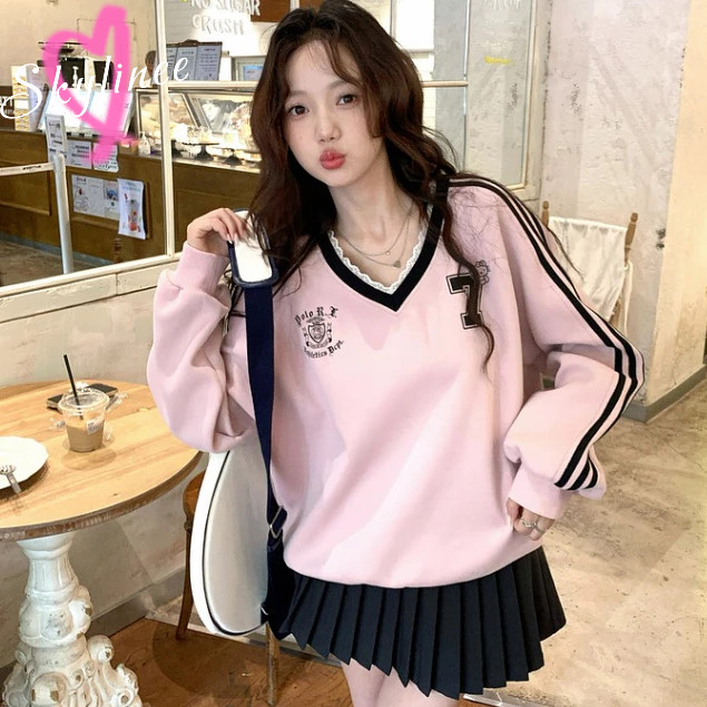 ลูกไม้เย็บปะติดปะต่อคอวีพิมพ์เสื้อกันหนาวหมวกแขนยาวสีตัดกันผู้หญิงหลวมด้านบน SL