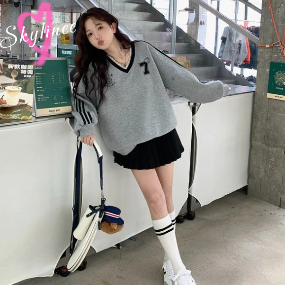 ลูกไม้เย็บปะติดปะต่อคอวีพิมพ์เสื้อกันหนาวหมวกแขนยาวสีตัดกันผู้หญิงหลวมด้านบน SL