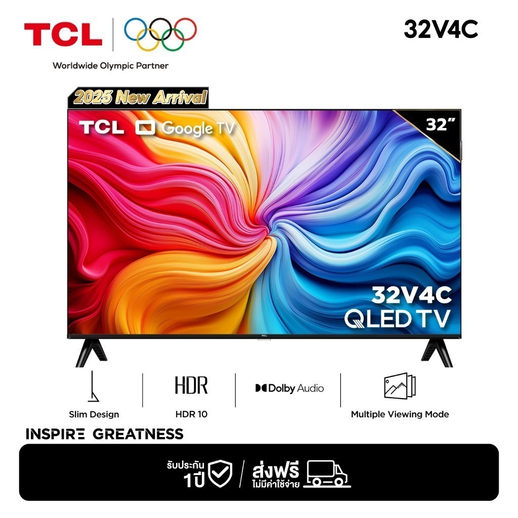 [NEW 2025] TCL ทีวี 32 นิ้ว HD QLED Google TV รุ่น 32V4C Slim Design, Netflix&Youtube, Voice Search,
