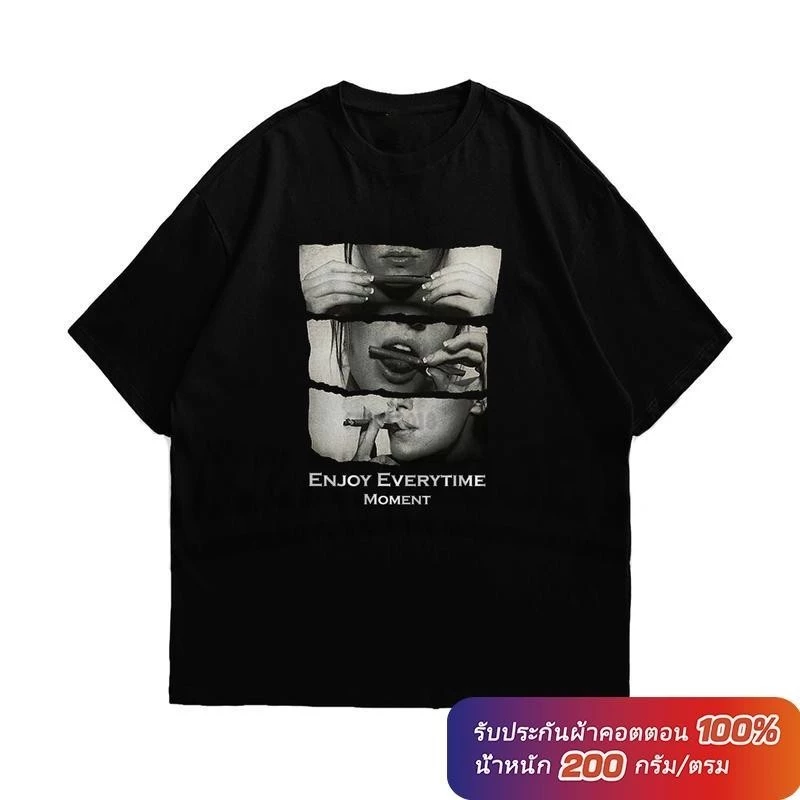 (ผ้าฝ้าย 100%)Luvoro oversize unisex เนื้อผ้านุ่มระบายแขนสั้น T-shirt สีดำและสีขาว เสื้อยืดทูโทน เสื้อยืดแขนสั้น C919