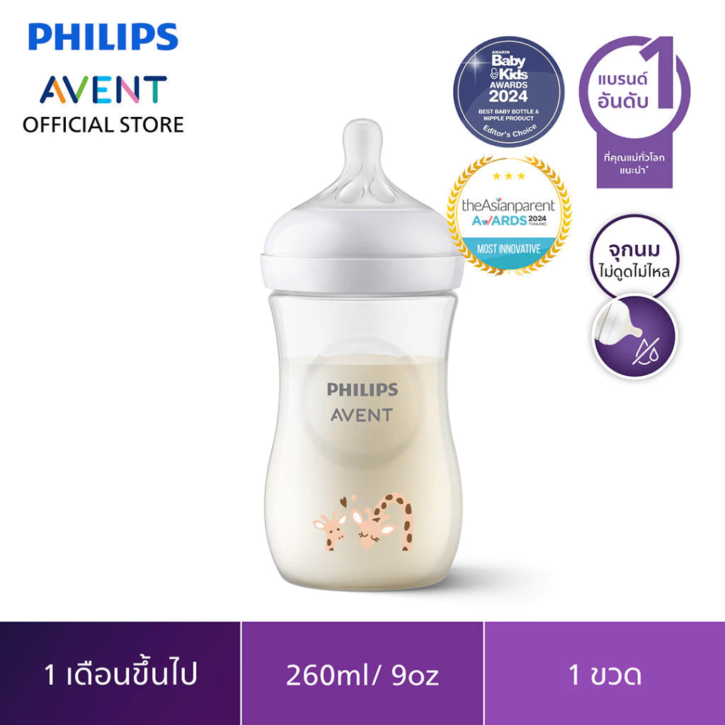 Philips Avent ฟิลิปส์ เอเวนท์ ขวดนม Natural Response ไม่ดูดไม่ไหล ขนาด 9 ออนซ์/260 มล. (ลายยีราฟ & ลายหมีโคล่า)
