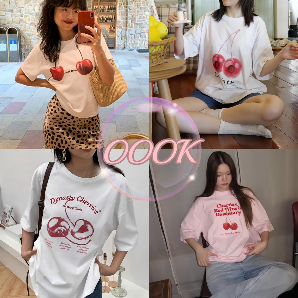 (จัดส่งตลอด 24 ชั่วโมง）OOOK Official เสื้อยืดแขนสั้นสไตล์อเมริกันสำหรับผู้หญิง พิมพ์ลายเชอรี่สองลูก ขนาดโอเวอร์ไซส์