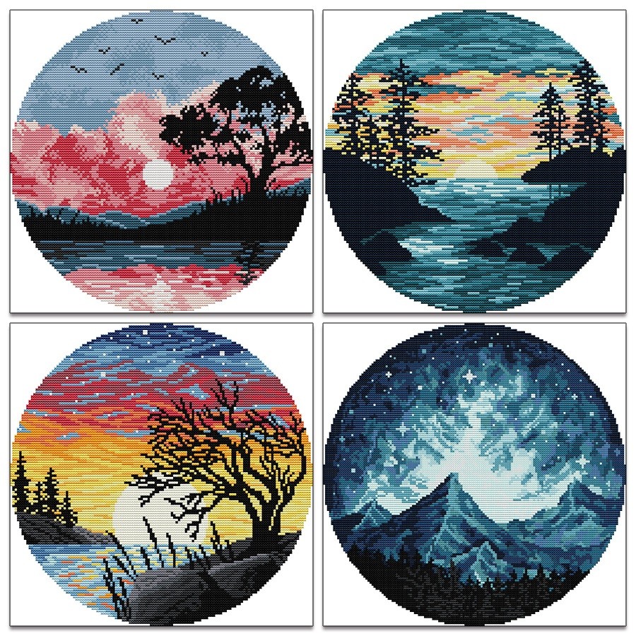 ปักครอสติส ครอสติสแบบปัก พระอาทิตย์ตกดิน ทิวทัศน์ 14/11CT ผ้าพิมพ์ลาย