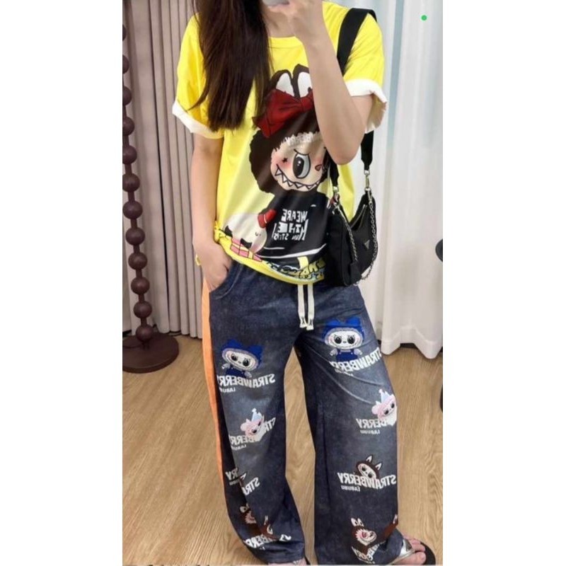 GN พร้อมส่ง งาน 2 ชิ้นเสื้อแขนสั้นสกรีนลายน้องLABUBUยอดฮิตคู่กับกางเกงสกรีนลายเข้าชุดกันน่ารักสุดๆผ้าเนื้อดีใส่สบาย