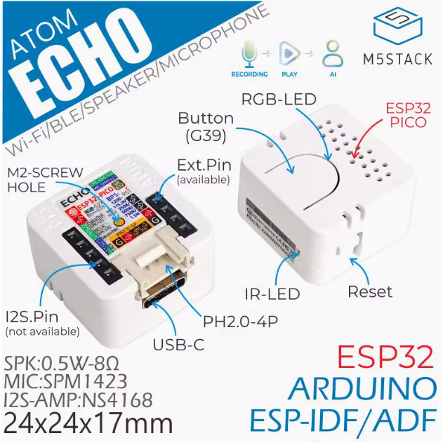 M5Stack ATOM Echo ลำโพงอัจฉริยะที่ตั้งโปรแกรมได้ IOT ในตัว ESP32บลูทูธ Wi-Fi สิ่งของ