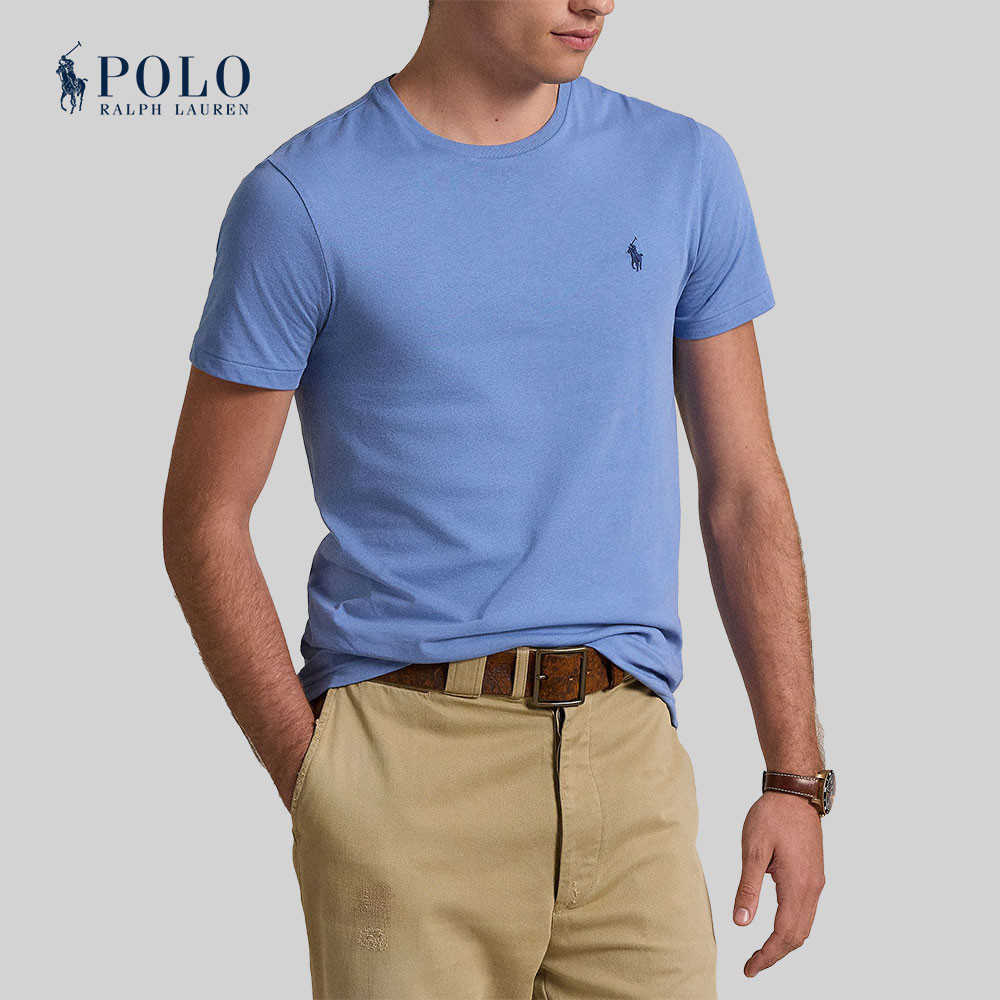 Polo Ralph Lauren เสื้อยืดผู้ชาย Custom Slim Fit Jersey Crewneck T-Shirt รุ่น MNPOTSH1N822481 สีฟ้า