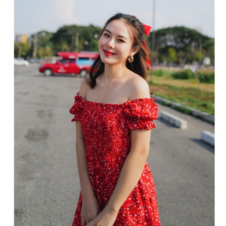 MyWay Brand : dress เดรสสีแดง - Red Flower Pretty