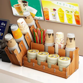 TIMECAFE กล่องไส่แก้วกาแฟ วัสดุไม้ ใส่หลอดดูด เก็บฝาได้ กล่องถ้วยกาแฟ BU8V