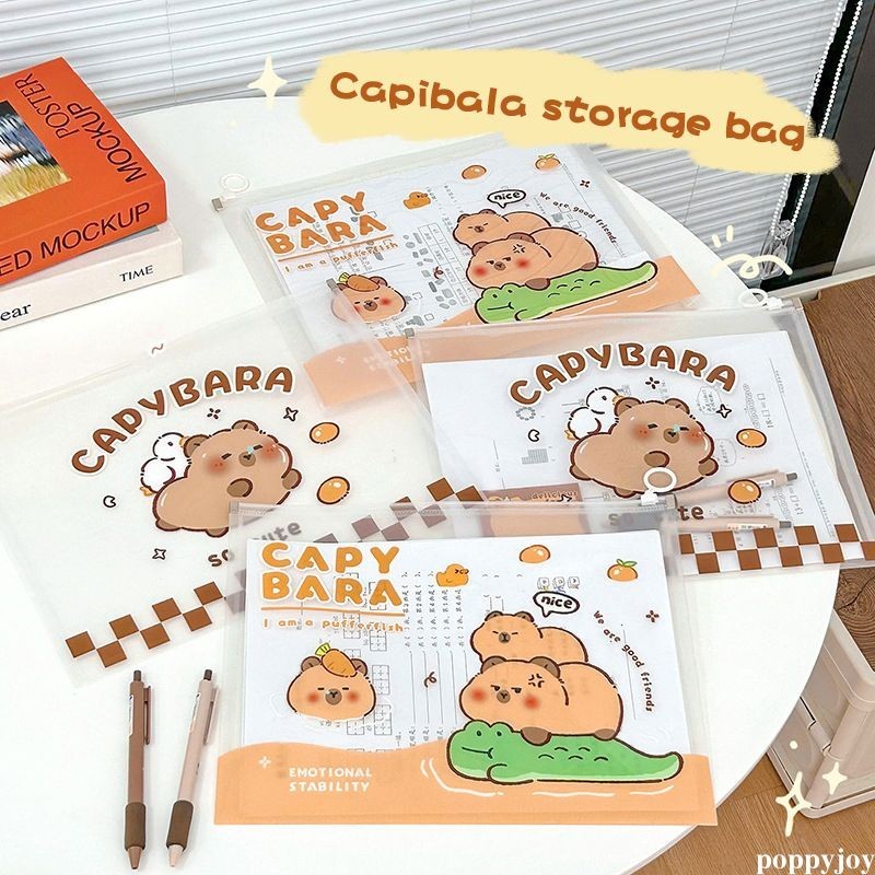 poppyjoy กระเป๋าแฟ้มกระเป๋าซิปลายคาปิบาระ ก5การ์ตูน-กระเป๋าใส่เอกสารที่เรียบง่ายและน่ารักสําหรับสํานักงานโรงเรียนที่มีความจุขนาดใหญ่วัสดุโปร่งใสสําหรับเครื่องเขียนและเก็บเอก