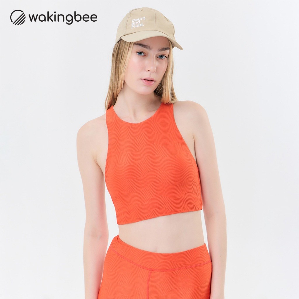 Wakingbee Ripple Crop (Tomato) บราว่ายน้ำทรงคร้อป พรางหุ่น เปิดหลังพร้อมสายไขว้ มีตะขอ ผ้ามีลายในตัว กันยูวี แห้งไว