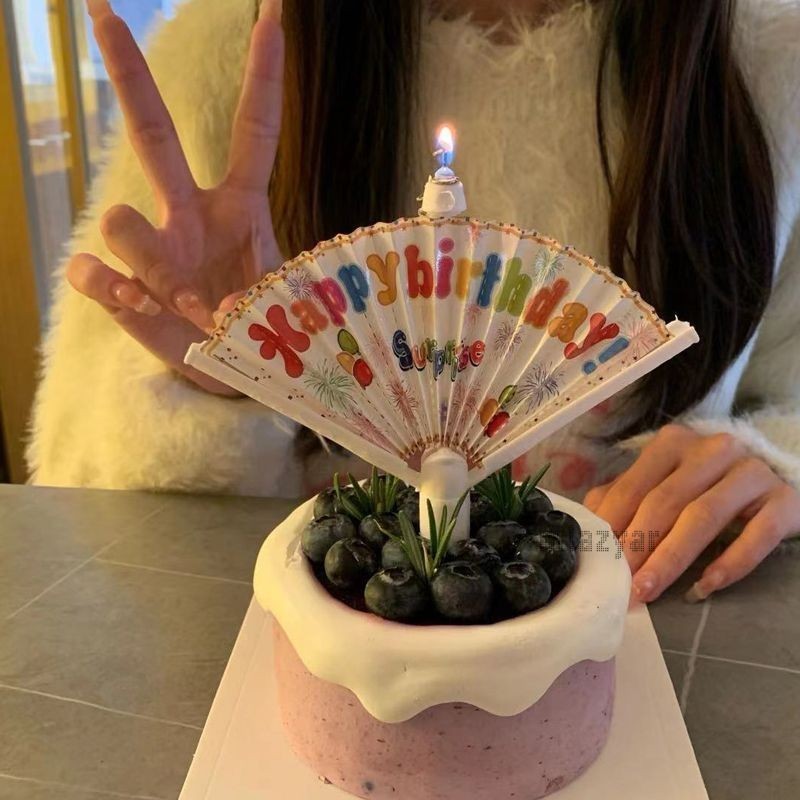 😍COD😍เทียนวันเกิด เทียนพัดด้ามจิ้ว จุดแล้วมีพัดด้ามจิ้วเด้งออก Happy birthday