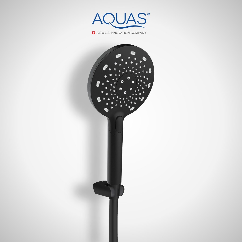 ชุดฝักบัว เทอร์โบ ปรับน้ำได้ 3แบบ สีดำด้าน AQUAS TURBO 3 Function 130mm. Hand Shower Pack Matt Black