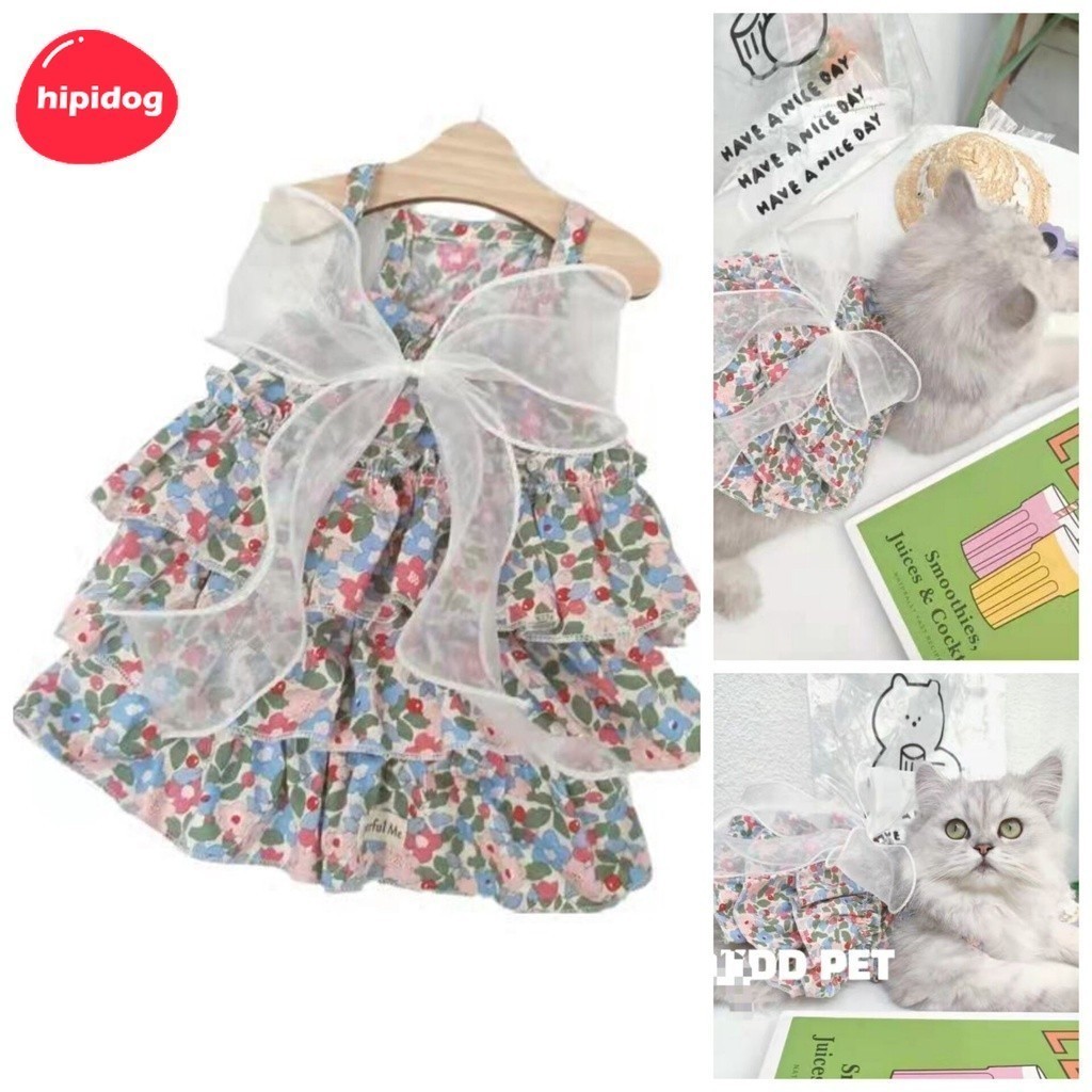 【Hipidog】ชุดเดรสกระโปรง ผ้าฝ้าย ผ้าตาข่าย ลายดอกไม้ ขนาดเล็ก สําหรับสัตว์เลี้ยง สุนัข แมว