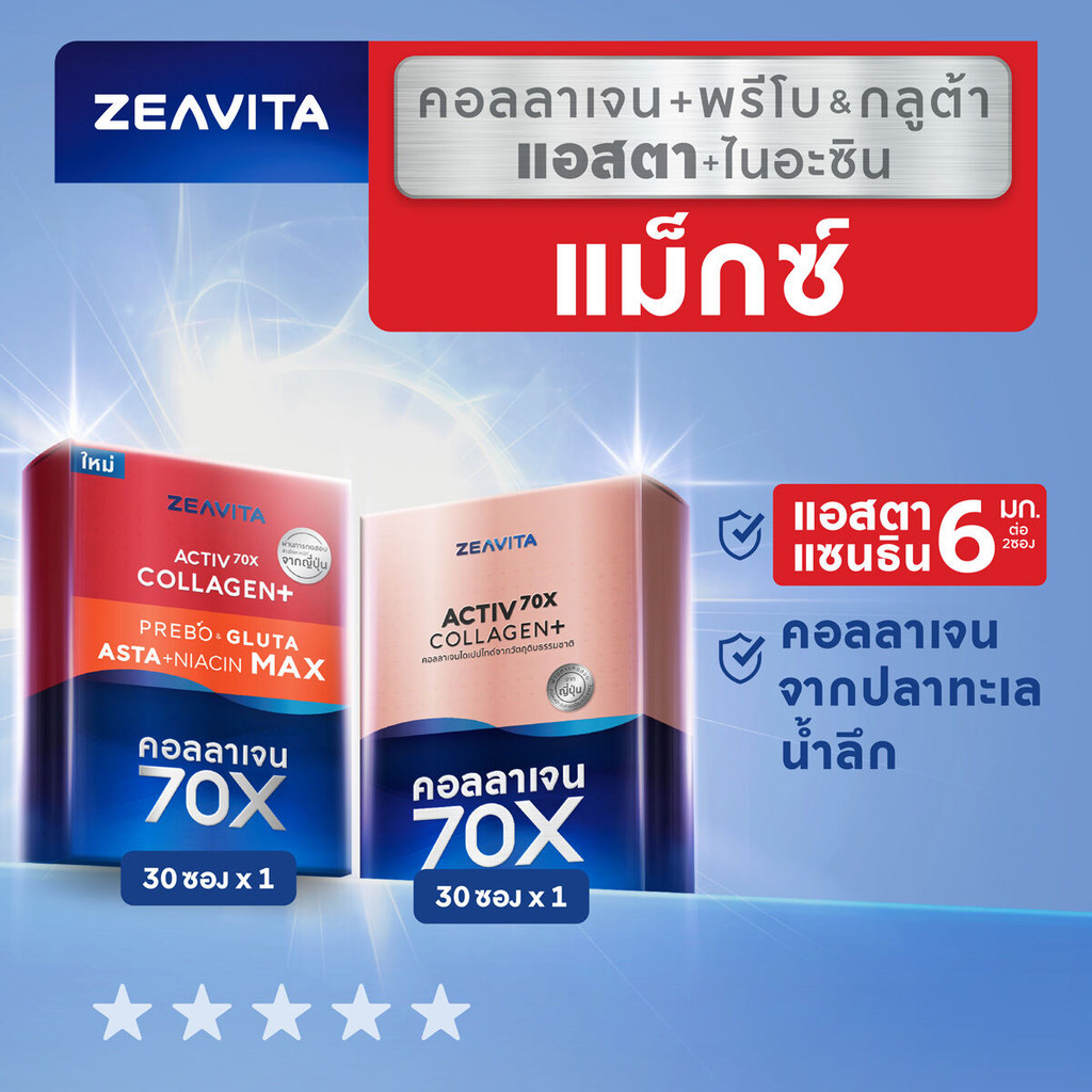 Zeavita ซีวิต้า คอลลาเจนไดเปปไทด์100%+วิตามินซี ผิวและข้อ (30ซองx1กล่อง)และแอสตาแซนธิน&กลูต้า +พรีไบโอติก(30ซองx1กล่อง)