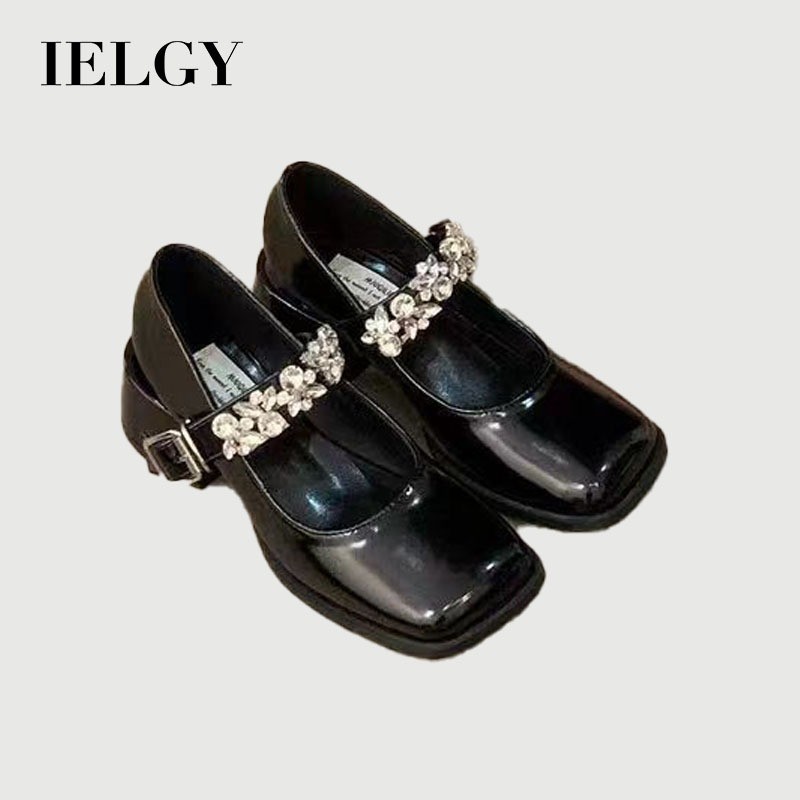 IELGY 2025 ใหม่ภาษาฝรั่งเศสคําสแควร์ นิ้วเท้า พลอยเทียม หนังบล็อกส้น แมรี่ เจน รองเท้ารองเท้าส้นสูงผู้หญิง