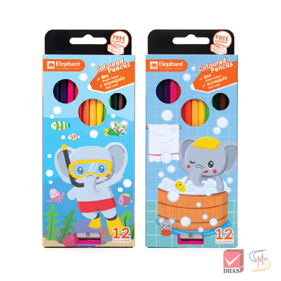 Elephant ตราช้าง สีไม้ ดินสอสีไม้ แท่งยาว 12 สี คละลาย จำนวน 1 กล่อง